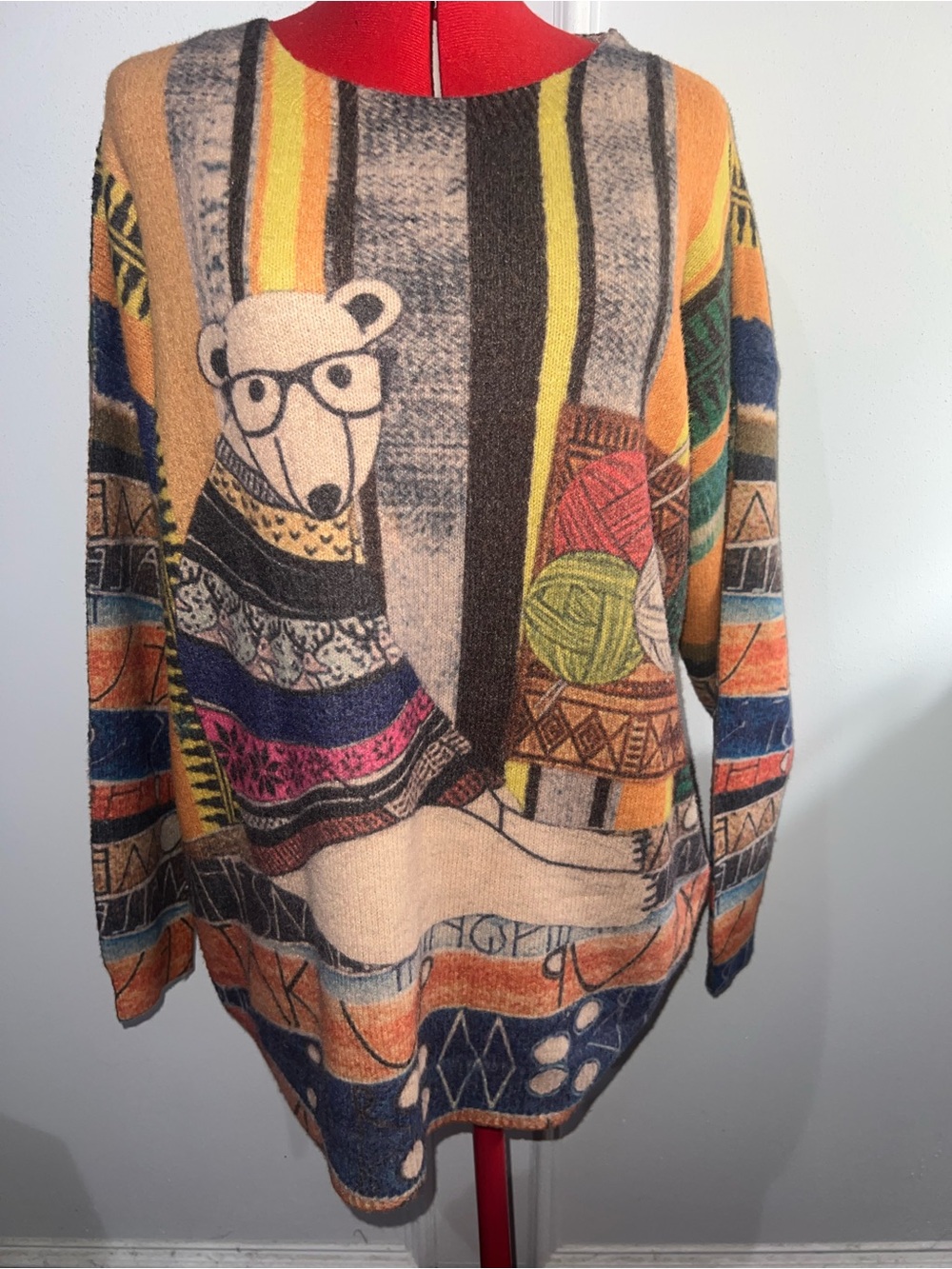 YesNo  Graphic Bear Knit Sweater -Cotton Wool Casual Pullover size XL